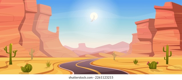 Desert landscape. Outdoor background arizona style with rocks and cactuses exact vector template