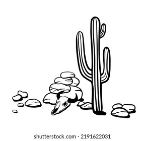 Desert landscape outline. Black and white vector illustration. Mexican cacti, rocks and animal skull