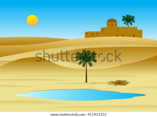 砂漠 砂漠の風景 砂の宮殿 ヤシの木のある湖 のベクター画像素材 ロイヤリティフリー