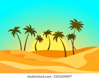 Desert landscape with palm trees and sand dunes. Sunrise in the desert, sand dunes with silhouettes of palm trees. Design for print, banners and posters. Vetornaya illustration