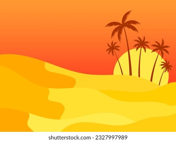Desert landscape with palm trees and sand dunes. Sunrise in the desert, sand dunes with silhouettes of palm trees. Design for print, banners and posters. Vetornaya illustration