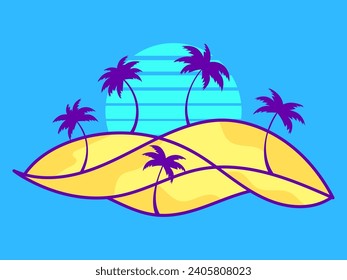 Desert landscape with palm trees and sand dunes isolated on blue background. Sunrise in the desert, sand dunes with silhouettes of palm trees. Design for print, banner and poster. Vector illustration