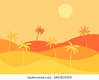 Desert landscape with palm trees and sand dunes. Silhouettes of palm trees at sunrise in the desert. Wavy landscape with sand dunes. Design for print, banners and posters. Vector illustration