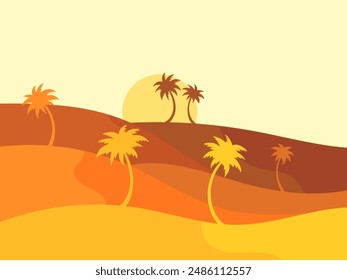 Desert landscape with palm trees and sand dunes. Silhouettes of palm trees at sunrise in the desert. Wavy landscape with sand dunes. Design for print, banners and posters. Vector illustration