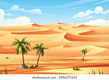 Desert landscape with palm trees and sand dunes under sky. Nature background vector cartoon illustration