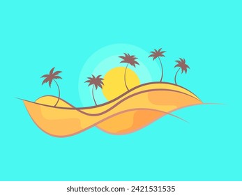 Desert landscape with palm trees and sun isolated on blue background. Desert sand dunes in line art style with palm trees and sunrise. Design for covers, banners and posters. Vector illustration