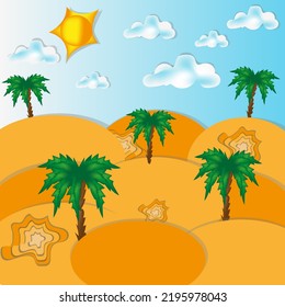 Wüstenlandschaft mit Palmen, Dünen, Treibsand, Wolken, Sonne und blauem Himmel. Sommertropisches Bild mit sanftem Hügel und blauem Himmelshintergrund. Reisebüro-Konzept. 