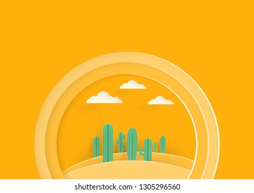 Desert landscape with paper art, Tall cactus hill and clouds on yellow background, Digital vector paper craft style, vector illustration.