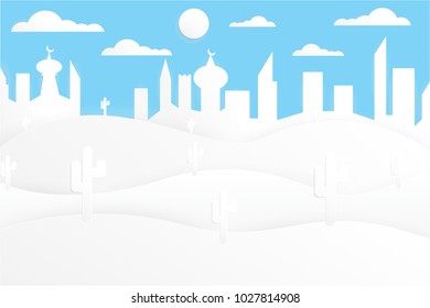 Desert Landscape paper cut design background, City Landscape flat vector background, vector illustration.