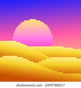 Desert landscape in pixel art style. Sun over sand dunes in the style of 8-bit retro graphics of the 80s and 90s. Pixel desert landscape. Design for printing banners and posters. Vector illustration