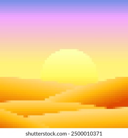 Desert landscape in pixel art style. Sun over sand dunes in the style of 8-bit retro graphics of the 80s and 90s. Pixel desert landscape. Design for printing banners and posters. Vector illustration