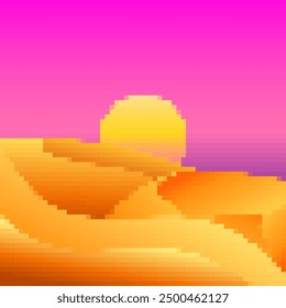 Desert landscape in pixel art style. Sun over sand dunes in the style of 8-bit retro graphics of the 80s and 90s. Pixel desert landscape. Design for printing banners and posters. Vector illustration