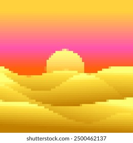 Desert landscape in pixel art style. Sun over sand dunes in the style of 8-bit retro graphics of the 80s and 90s. Pixel desert landscape. Design for printing banners and posters. Vector illustration