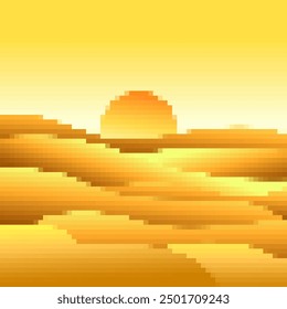 Desert landscape in pixel art style. Sun over sand dunes in the style of 8-bit retro graphics of the 80s and 90s. Pixel desert landscape. Design for printing banners and posters. Vector illustration