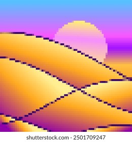 Desert landscape in pixel art style. Sun over sand dunes in the style of 8-bit retro graphics of the 80s and 90s. Pixel desert landscape. Design for printing banners and posters. Vector illustration