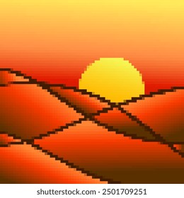 Desert landscape in pixel art style. Sun over sand dunes in the style of 8-bit retro graphics of the 80s and 90s. Pixel desert landscape. Design for printing banners and posters. Vector illustration