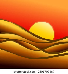 Desert landscape in pixel art style. Sun over sand dunes in the style of 8-bit retro graphics of the 80s and 90s. Pixel desert landscape. Design for printing banners and posters. Vector illustration