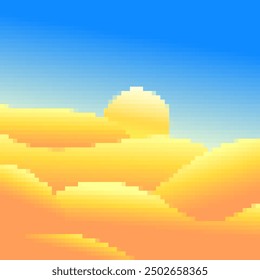 Desert landscape in pixel art style. Sun over sand dunes in the style of 8-bit retro graphics of the 80s and 90s. Pixel desert landscape. Design for printing banners and posters. Vector illustration