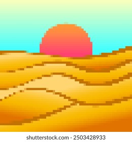 Desert landscape in pixel art style. Sun over sand dunes in the style of 8-bit retro graphics of the 80s and 90s. Pixel desert landscape. Design for printing banners and posters. Vector illustration