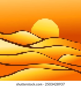 Desert landscape in pixel art style. Sun over sand dunes in the style of 8-bit retro graphics of the 80s and 90s. Pixel desert landscape. Design for printing banners and posters. Vector illustration