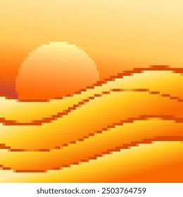 Desert landscape in pixel art style. Sun over sand dunes in the style of 8-bit retro graphics of the 80s and 90s. Pixel desert landscape. Design for printing banners and posters. Vector illustration