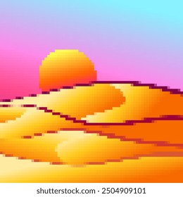 Desert landscape in pixel art style. Sun over sand dunes in the style of 8-bit retro graphics of the 80s and 90s. Pixel desert landscape. Design for printing banners and posters. Vector illustration