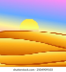 Desert landscape in pixel art style. Sun over sand dunes in the style of 8-bit retro graphics of the 80s and 90s. Pixel desert landscape. Design for printing banners and posters. Vector illustration