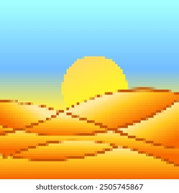 Desert landscape in pixel art style. Sun over sand dunes in the style of 8-bit retro graphics of the 80s and 90s. Pixel desert landscape. Design for printing banners and posters. Vector illustration