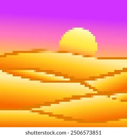 Desert landscape in pixel art style. Sun over sand dunes in the style of 8-bit retro graphics of the 80s and 90s. Pixel desert landscape. Design for printing banners and posters. Vector illustration