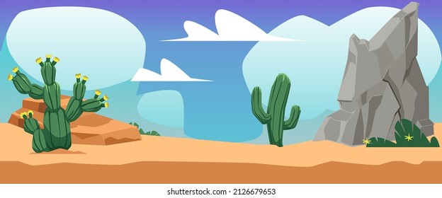 Desert landscape poster, banner or game location background, flat vector illustration. Sand desert scenery with mountain cliff for travel and tourism topic.