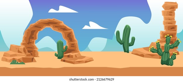 Desert landscape poster or game location background, flat vector illustration. Desert banner design, nature panorama view of sandy barren place with cactuses.