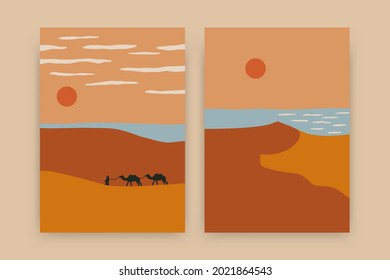 Desert landscape posters. Mid century art prints sun nature scenes, minimal contemporary wall decor. Vector illustration