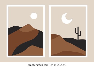 Desert landscape posters. Minimal abstract mountain sunset sunrise panorama, nature bohemian background. Vector desert scenery set