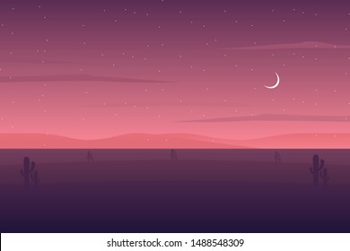 desert landscape with purple starry night sky illustration