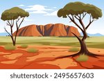 Desert landscape with red rock in Australia. Green shrubs and trees with a wide top. Blue sky with clouds. Red desert soil, grass and mountains. Vector illustration of an Australian landscape.
