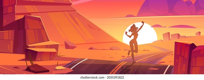 Desert landscape with red rocks, road and girl silhouette on background of evening sun. Vector cartoon illustration of happy woman on highway in hot desert at sunset