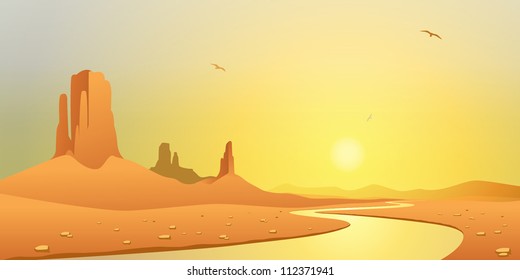 A Desert Landscape With River And Mountains