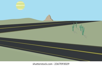 Desert landscape with road, cactuses and rock.