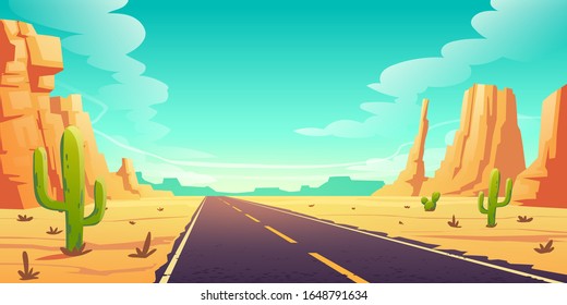 Desert landscape with road, cactuses and rocks. Vector cartoon illustration of highway in Arizona or Mexico hot sand desert with orange mountains. Summer western american landscape