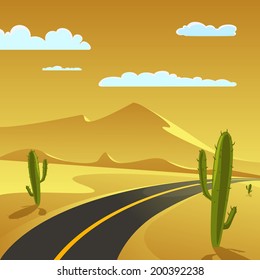 Desert Landscape with Road, cartoon vector illustration.