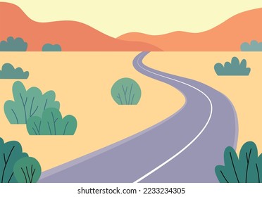 Desert landscape with road, orange mountains. Travel scenery. Vector illustration in cartoon flat style.