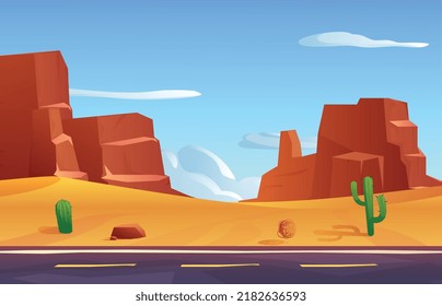 Desert landscape with road, sandy rocks or mountains and tumbleweed, flat vector illustration. Cartoon Arizona hot summer climate with succulent cactus plants.