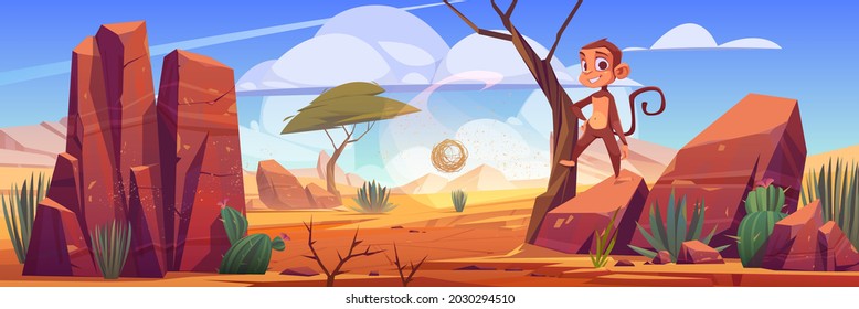 Desert landscape with rocks, cactuses and cute monkey. Vector cartoon illustration of happy ape in hot sand desert in Africa with stones, tropical trees and rolling tumbleweed