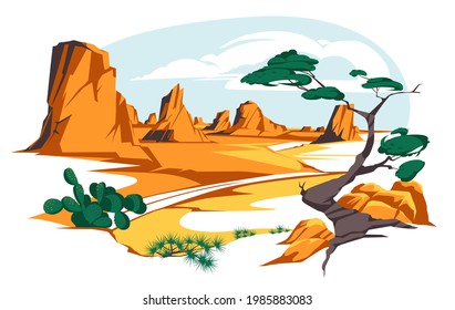 Desert landscape with rocks and cactuses. Vector flat illustration of highway turn in Arizona or Mexico hot sand desert with orange mountains. Summer western american landscape