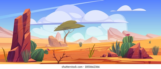 Desert landscape with rocks, tropical tree, grass and blooming cactuses. Vector cartoon illustration of hot sand desert in Africa with stones, dune and plants
