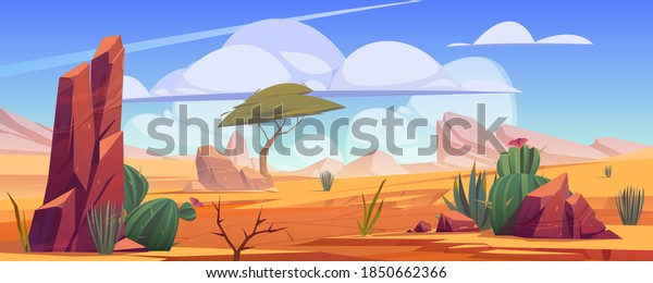 Desert landscape with rocks,\
tropical tree, grass and blooming cactuses. Vector cartoon\
illustration of hot sand desert in Africa with stones, dune and\
plants