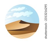 Desert landscape in a round frame. Flat illustration with sand dunes and clouds.