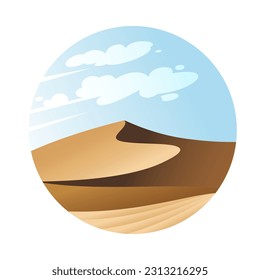Paisaje del desierto en un marco redondo. Ilustración plana con dunas de arena y nubes.