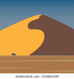 Desert landscape with sand blue sky and trees. Hot day in cartoon nature empty desert. Vector illustration.