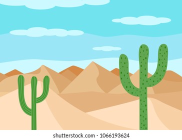 The desert landscape. Sand and cacti. Vector illustration.